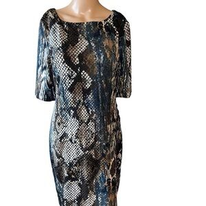 Connected Apparel multicolor abstract print bodycon dress size 6 EUC